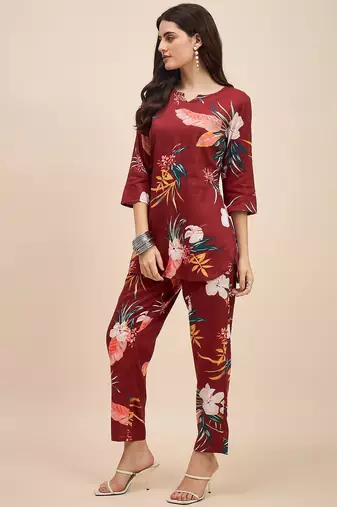 Maroon floral printed notch neck tunic with trousers