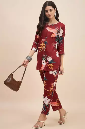 Maroon floral printed notch neck tunic with trousers