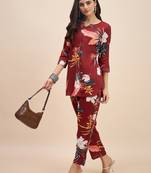Maroon floral printed notch neck tunic with trousers