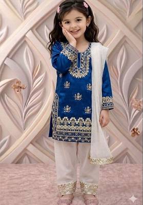 Trendy kids wedding wear heavy embroidery coding sequence work kurta set 3