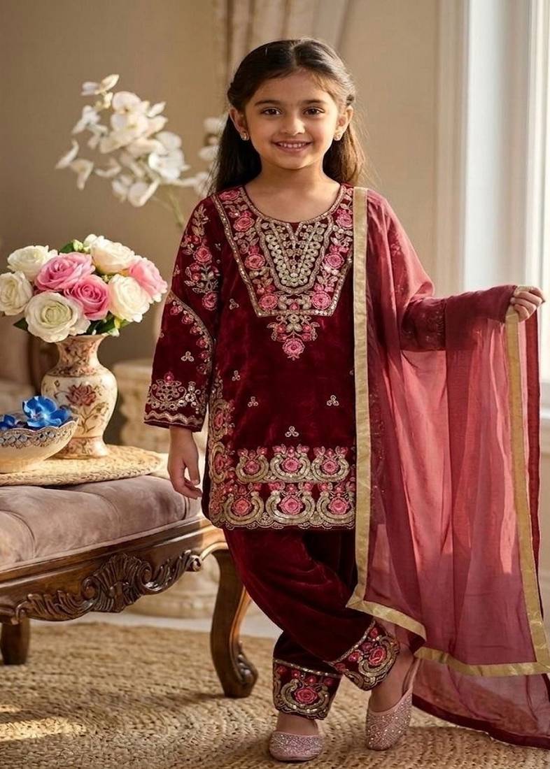 Trendy kids wedding wear heavy embroidery coding sequence work kurta set