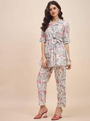 White & pink printed tunic & trousers co ord 1