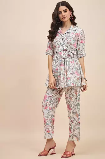 White & pink printed tunic & trousers co ord