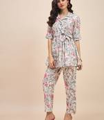 White & pink printed tunic & trousers co ord