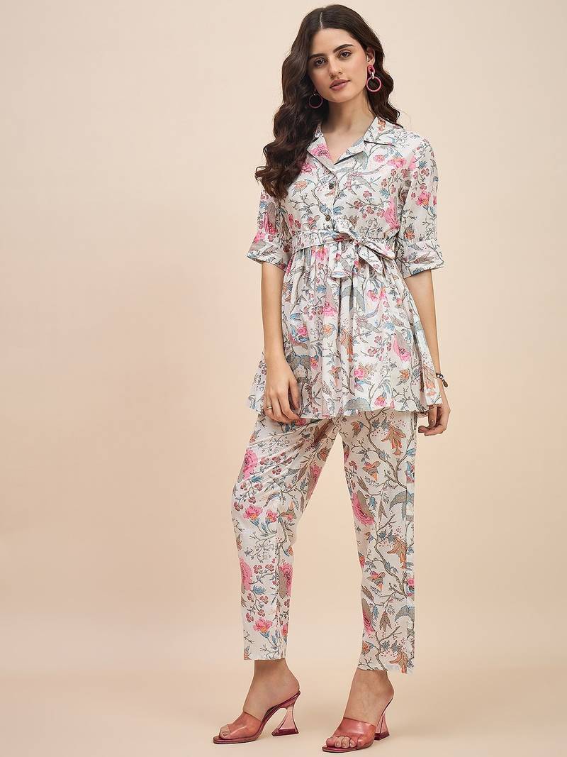 White & pink printed tunic & trousers co ord