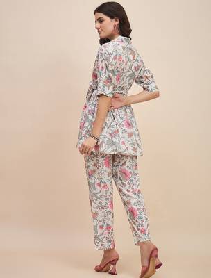 White & pink printed tunic & trousers co ord 3