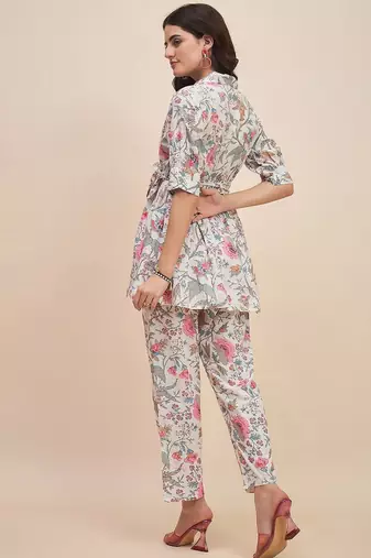 White & pink printed tunic & trousers co ord