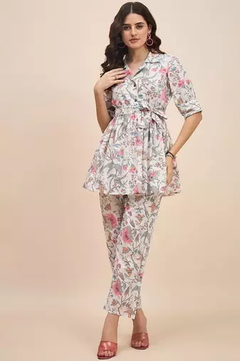 White & pink printed tunic & trousers co ord