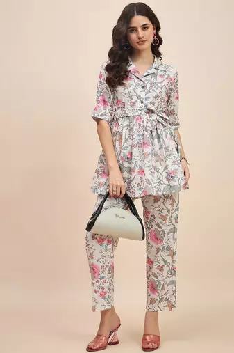 White & pink printed tunic & trousers co ord