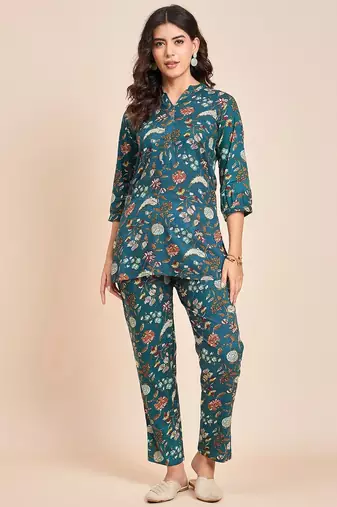 Floral printed cotton tunic & trousers set