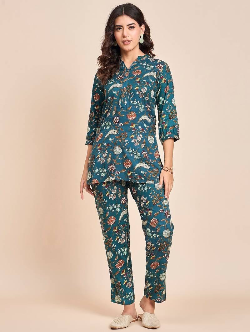 Floral printed cotton tunic & trousers set