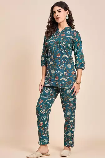 Floral printed cotton tunic & trousers set