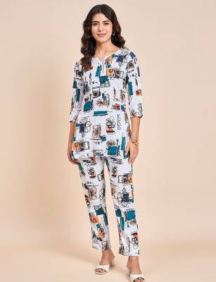 Printed v neck tunic with trousers 1