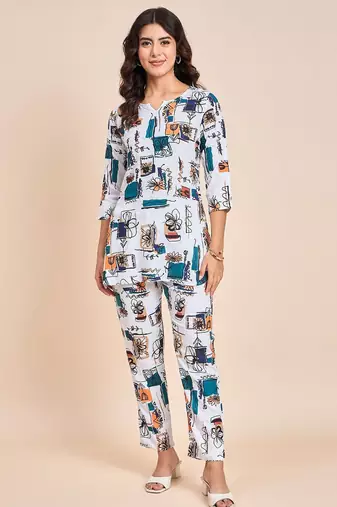 Printed v neck tunic with trousers