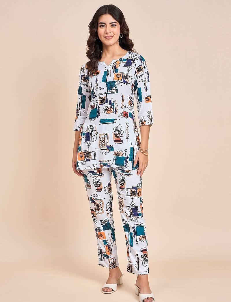 Printed v neck tunic with trousers