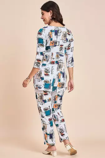 Printed v neck tunic with trousers