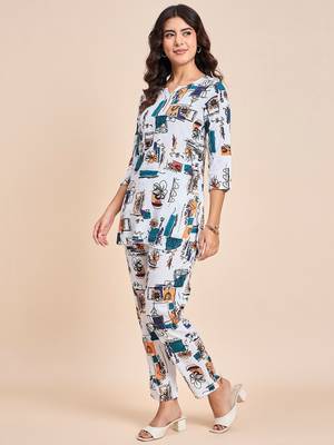 Printed v neck tunic with trousers 4