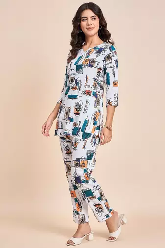 Printed v neck tunic with trousers