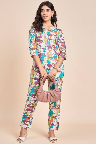 Abstract printed v neck tunic with trousers