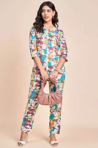Abstract printed v neck tunic with trousers