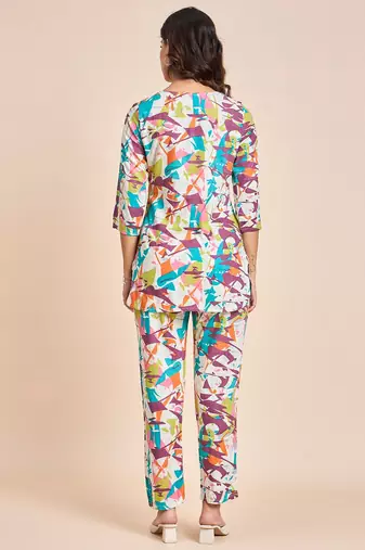 Abstract printed v neck tunic with trousers
