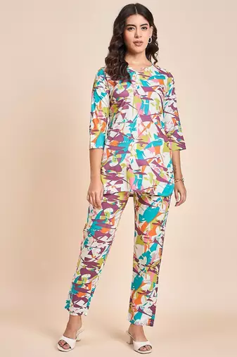 Abstract printed v neck tunic with trousers