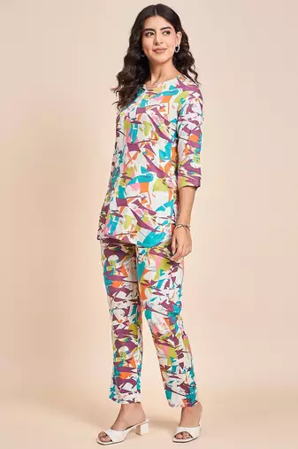Abstract printed v neck tunic with trousers