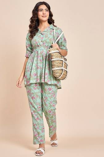 Sea green printed tunic & trousers co ord