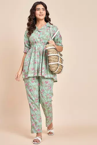 Sea green printed tunic & trousers co ord