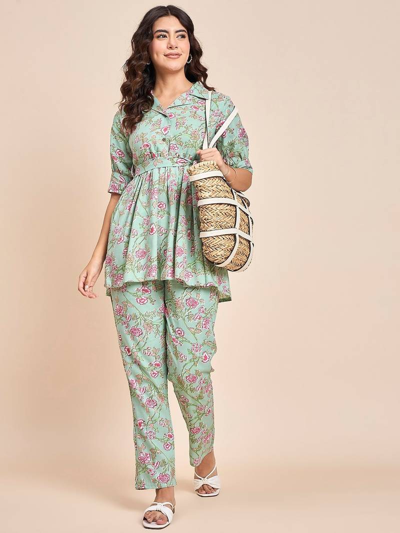Sea green printed tunic & trousers co ord