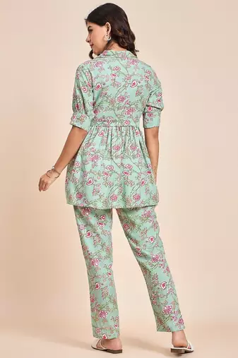 Sea green printed tunic & trousers co ord