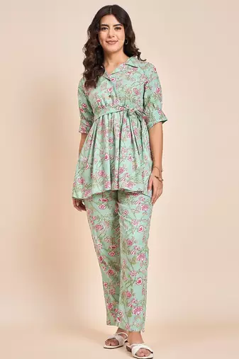Sea green printed tunic & trousers co ord