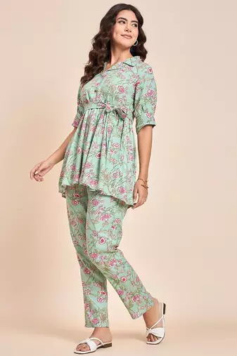 Sea green printed tunic & trousers co ord