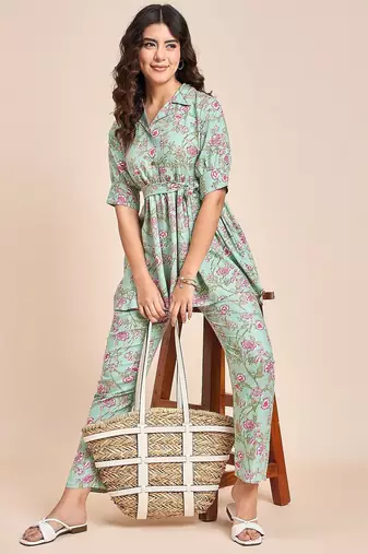 Sea green printed tunic & trousers co ord