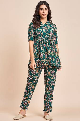 Green printed tunic & trousers co ord