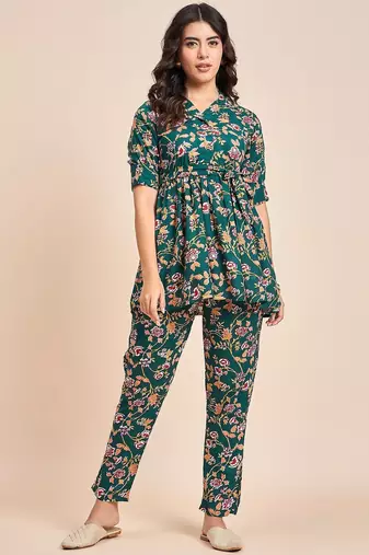 Green printed tunic & trousers co ord