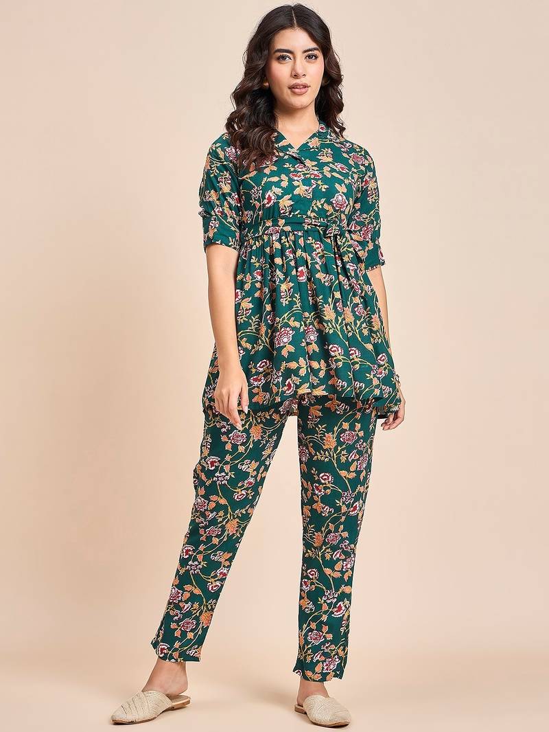 Green printed tunic & trousers co ord