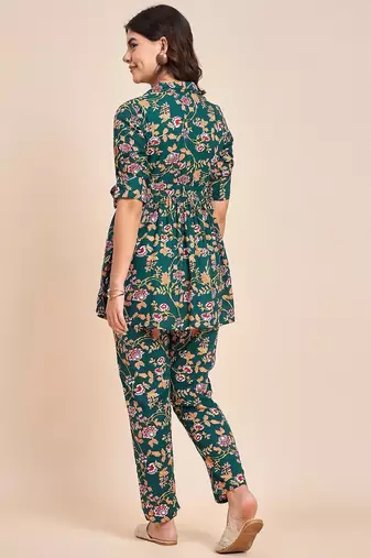 Green printed tunic & trousers co ord