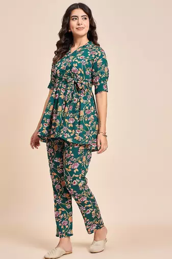 Green printed tunic & trousers co ord