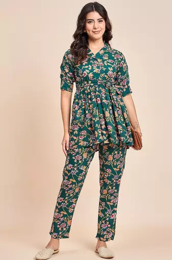 Green printed tunic & trousers co ord