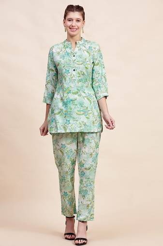 Sea green floral printed mandarin collar tunic & trousers