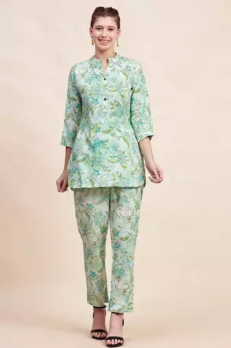 Sea green floral printed mandarin collar tunic & trousers