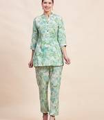 Sea green floral printed mandarin collar tunic & trousers