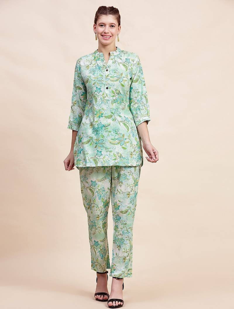 Sea green floral printed mandarin collar tunic & trousers