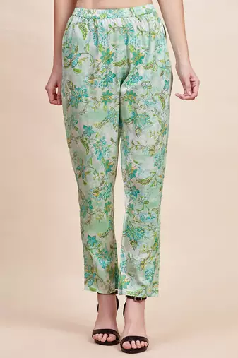 Sea green floral printed mandarin collar tunic & trousers
