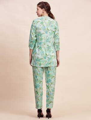 Sea green floral printed mandarin collar tunic & trousers 3