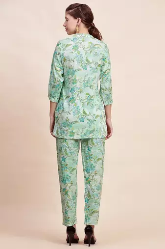 Sea green floral printed mandarin collar tunic & trousers