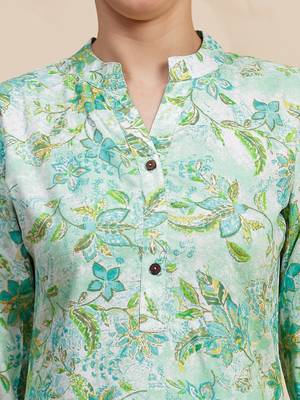 Sea green floral printed mandarin collar tunic & trousers 4