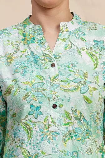 Sea green floral printed mandarin collar tunic & trousers