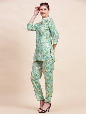 Sea green floral printed mandarin collar tunic & trousers 5